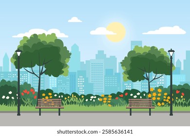 City park. Benches in a beautiful city park among green trees, grass and flowers against the backdrop of large skyscrapers and buildings. Concept of a comfortable and environmentally friendly city.