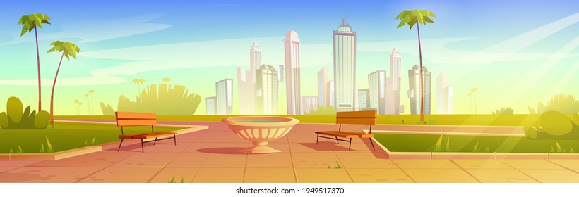 City park with benches and flowerpot, summer scenery cityscape background, empty public place for walking and recreation with green grass, palm trees and lawn. Urban garden Cartoon vector illustration