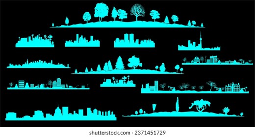 City Park and Building Clipart, Solid color, Line art AND Silhouette 