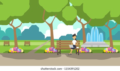 city park businesswoman holding laptopn sitting wooden bench green lawn flowers fountain trees cityscape template background horizontal flat vector illustration