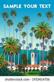 A City Park In California With Palm Trees, Yuccas, Houses And Mountains In The Background.  Handmade Drawing Vector Illustration. Retro Style Poster.