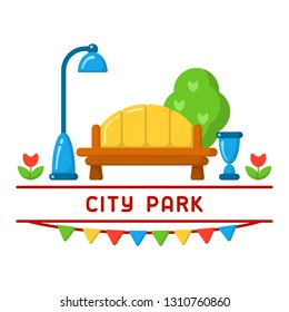 City park card with bench, lamp, urn and bush. Flat style vector illustration