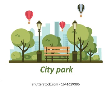 city park card, vector illustration of trees, benches and street lights