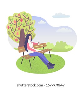 City park character girl sitting on bench and trees isolated on white flat vector illustration. People relaxing, drinking coffee outdoors in summer urban park over cityscape.