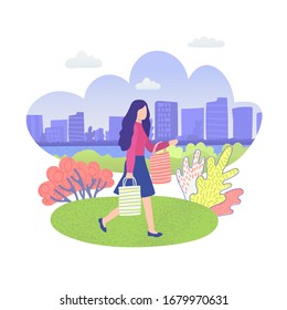 City park character girl walking with shopping bags isolated on white flat vector illustration. Woman outdoors in summer urban park over cityscape.
