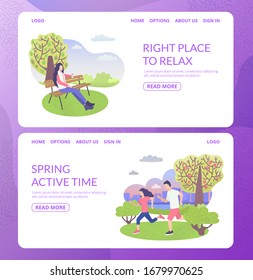 City park character right place to relax and sport with man and woman active sport time web banners set flat vector illustration. People sport and rest outdoors in summer park. Healthy lifestyle.