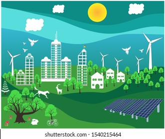 city park clean electric energy from solar panels renewable sources sun and wind.green art design landscape with building and trees.concept of eco earth day and wold environment day. vector 