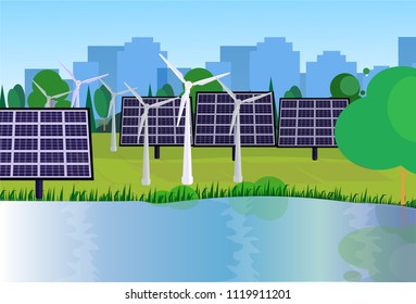 city park clean energy wind turbines solar energy panels river green lawn trees on city buildings template background flat vector illustration