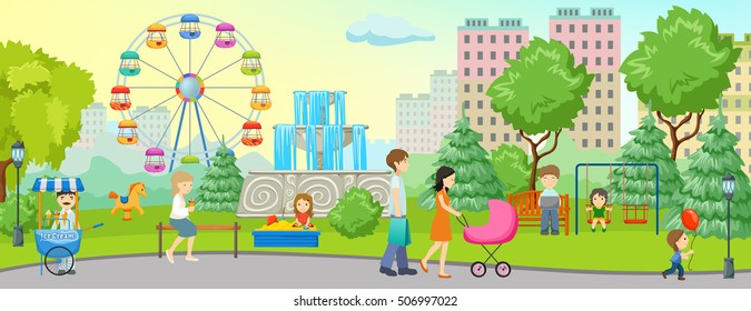 City park colored concept with place to walk forest and homes nearby vector illustration