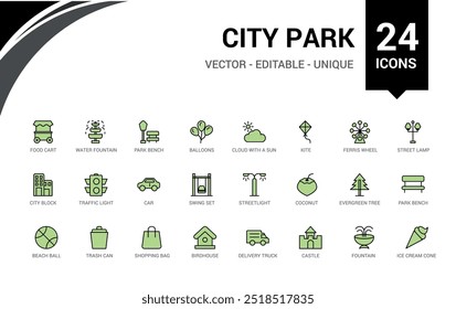 City park colorful icons set. Editable vector, tree, bush bench and more. Line icon for web and ui. Vector illustration. Icon names are written in English.
