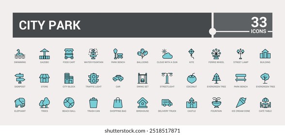 City park colorful icons set. Editable vector, tree, bush bench and more. Line icon for web and ui. Vector illustration. Icon names are written in English.