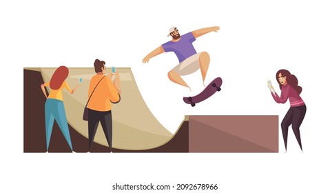 City park composition with group of young skateboarders watching guy jumping on quarter pipe vector illustration