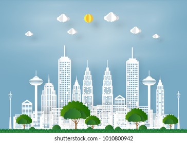 City in the park concept is Green City paper art design , vector design element  and illustration