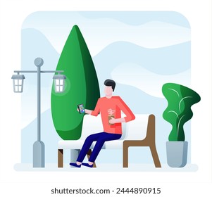 City park concept, man with smartphone at wooden bench, street lamp in square and trees. Sky with clouds. Leisure time in summer city park. Relaxation sitting area in minimalist design. Flat vector