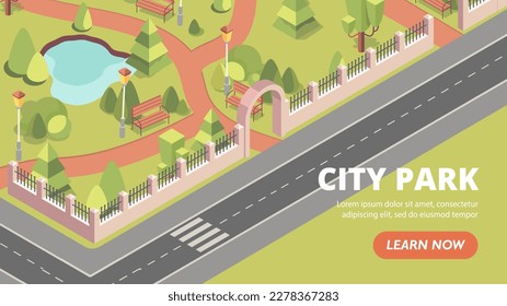 City park concept. Urban infrastructure and zone. Roads with bushes and lake, benches and lampposts. Summer park with green trees, landscape nature