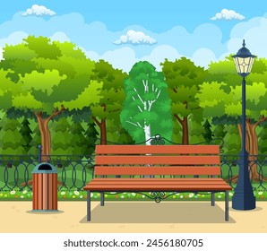 City park concept, wooden bench, street lamp, waste bin in square and trees. Sky with clouds and sun. Leisure time in summer city park. Vector illustration in flat style