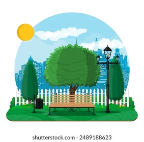 Stadtparkkonzept, Holzbank, Straßenlaterne, Mülleimer auf Platz. Stadtbild mit Gebäuden und Bäumen. Himmel mit Wolken und Sonne. Freizeit im Sommerstadtpark. Vektorillustration im flachen Stil