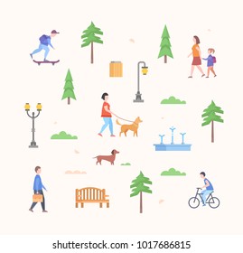 City park constructor - set of modern flat design style elements isolated on light background. Trees, lanterns, bench, people walking, skating, dog, walking girl, bin, cloud, lawn, fountain