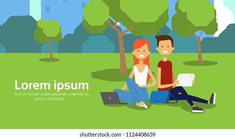 city park couple sitting green lawn using laptop man woman trees cityscape template background copy space horizontal flat vector illustration