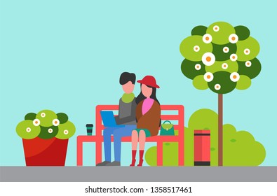 City park, couple sitting on bench with laptop vector. Man and woman, coffee cup and garbage bin, tree and bush with blossom, recreation and nature