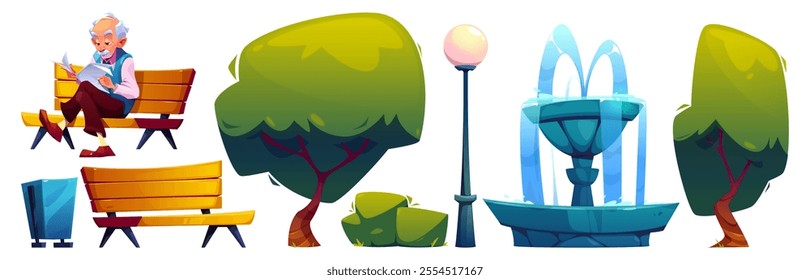 City park design elements set isolated on white background. Vector cartoon illustration of old man reading newspaper on wooden bench, fountain, street lantern, summer green trees and bush, waste bin