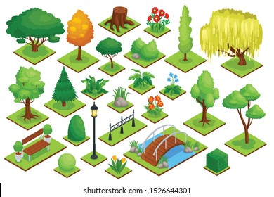 City Park Element Set With Plants Bridge And Trees Isometric Isolated Vector Illustration