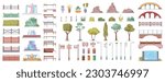 City park elements cartoon set of summer trees and bushes, bridges and benches, street lights and fences, fountains and stones buildings, grass isolated vector illustration icons