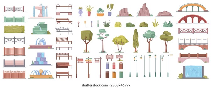 City park elements cartoon set of summer trees and bushes, bridges and benches, street lights and fences, fountains and stones buildings, grass isolated vector illustration icons