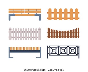 City Park Elements with Fence and Bench Vector Set