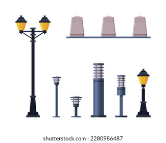 City Park Elements with Lamp, Light Post and Road Barrier Column Vector Set