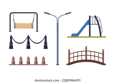 City Park Elements with Swing, Lamp, Slide, Bridge and Barrier Vector Set