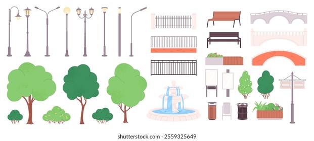 City park elements. Urban green zone objects, street lamps benches trees fountain, bridges, urns, billboards. Decorative modern landscape racy vector set