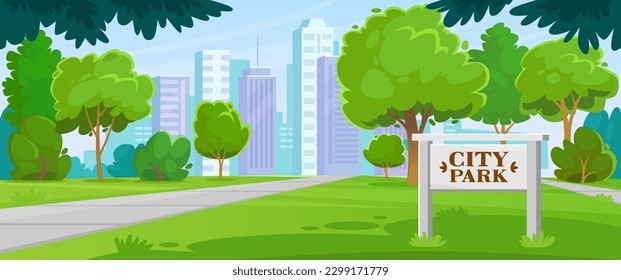 Parque de la ciudad con señalización de entrada con vistas al paisaje. Jardín público en el hermoso verano con hierba verde, árboles, edificios en el horizonte y sin gente. Fondo vectorial de estilo de caricatura.