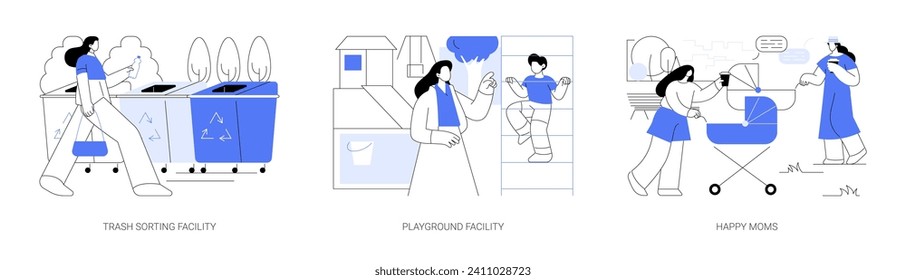 City park environment isolated cartoon vector illustrations set. Trash sorting and recycling facility, playground in the city park, happy moms walk with strollers and drink coffee vector cartoon.