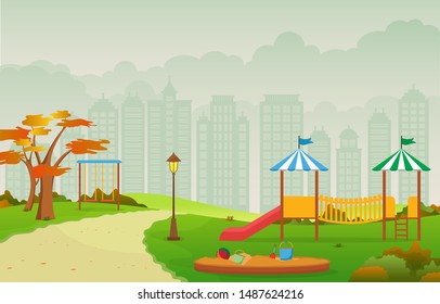 City Park in Fall Autumn with Kid Playground Playing Equipment Illustration