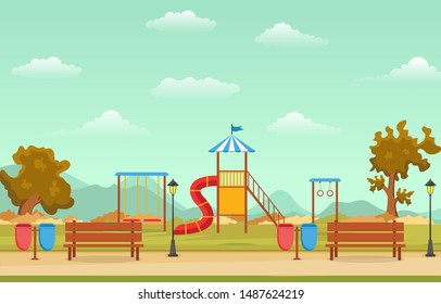 City Park in Fall Autumn with Kid Playground Playing Equipment Illustration