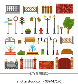City park fences gates elements and traffic lights and boards flat icons collection abstract isolated vector illustration      