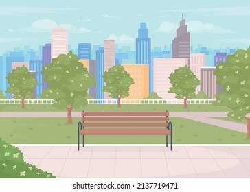 City Park Flat Color Vector Illustration. Green Space To Residents. Sustainable Neighborhood. Public Place For Relaxation And Jogging 2D Simple Cartoon Landscape With City On Background