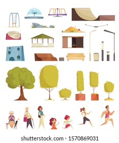 City park flat set with lanterns trees benches skateboarding elements swing runners walking knitting people vector illustration 