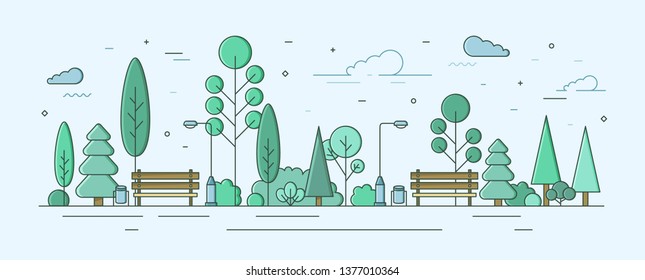 City park or garden with trees, bushes and street facilities. Outdoor recreational area or zone. Creative colorful vector illustration in modern linear style for urban public location planning.