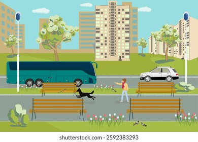 In a city park, a girl trains a dog, with pigeons and tulip beds nearby. A bus and a car drive along the road against the backdrop of a spring cityscape
