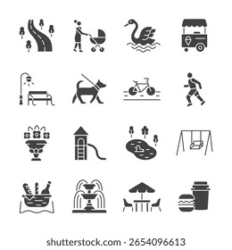 Conjunto de ícones de glifos de parques da cidade. Coleção vetor com caminhão de sorvete, mulher com criança, cisne, bicicleta, cão, corredor, playground, fonte, comida de rua, banco.