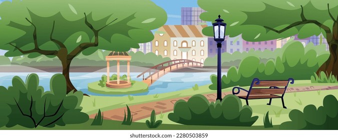 City park with green. Beautiful natural panorama with trees, lake and path. Infrastructure of park with bridge, arbor and benches against backdrop of city skyscrapers. Cartoon flat vector illustration