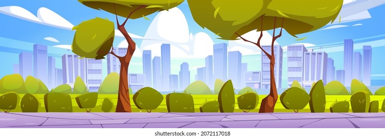 City Park With Green Lawn, Bushes, Trees, Stone Walkway And Town Buildings On Skyline. Vector Cartoon Illustration Of Summer Landscape With Road, Field And Houses On Horizon