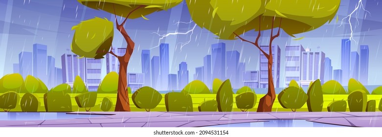 City park with green lawn, bushes, trees and stone walkway in rain. Vector cartoon illustration of summer thunderstorm in public garden with lightning and puddles on road