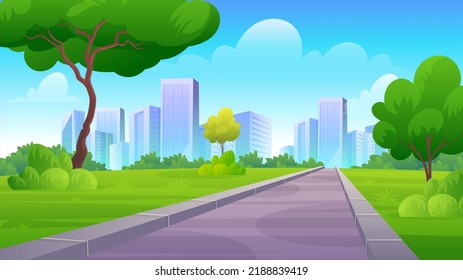 City park with green lawn, bushes, trees and walkway with skyscraper buildings cartoon illustration