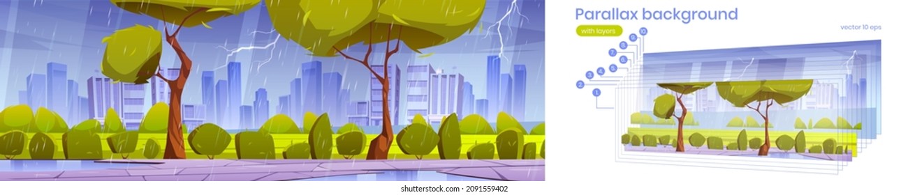 City park with green lawn, trees and walkway in rain. Vector parallax background for 2d animation with cartoon illustration of summer thunderstorm with lightning in public garden