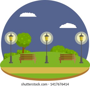 City Park with green lawns, benches. The object of urban improvement. Trees, Path and landscape. A place for outdoor activities. Cartoon flat illustration. Night view