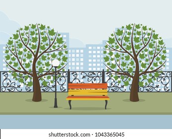 City park with green trees, bench and house in background. Spring park. Vector illustration.
