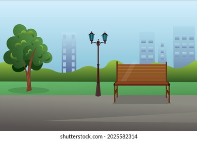 City park with green trees, bench and lantern. It is beautiful and picturesque place that make this city such a great place to live.